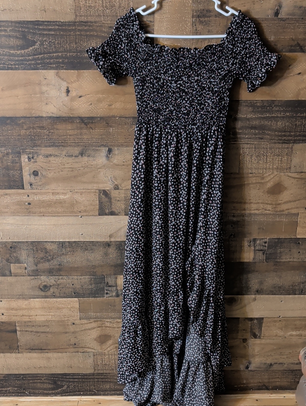 Blue Rain Black Floral Smocked Maxi Dress